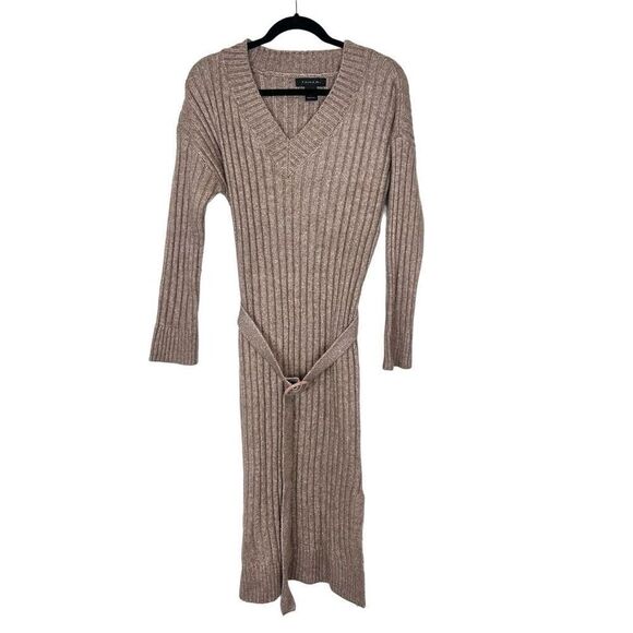Tahari Midi Sweater Dress Small Brown Tan Ribbed Knit Long Sleeve Belted Fitted - Picture 2 of 16